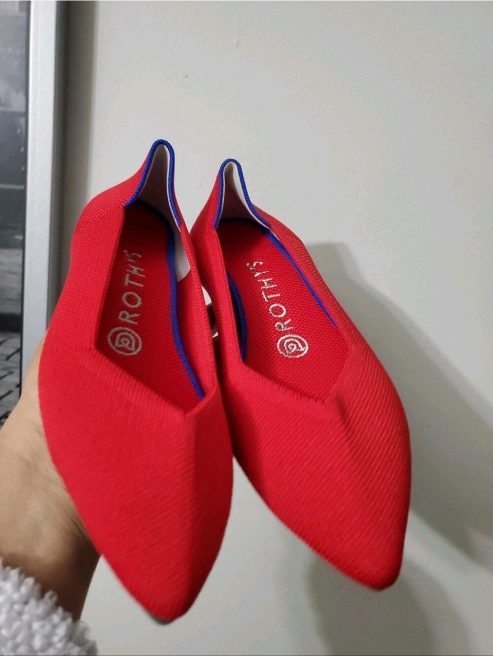 Rothy's Women's Red Pointed Knit Flats with Blue Trim